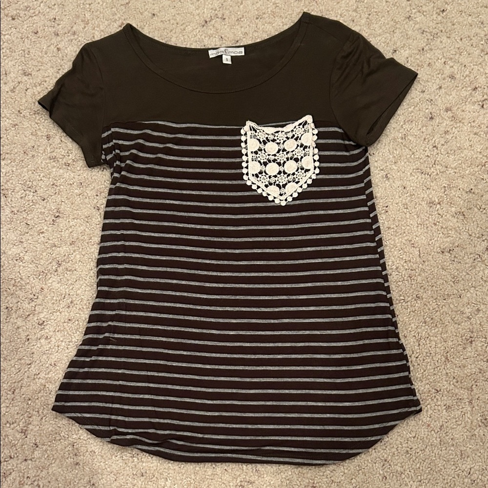 Dark Green Striped Women's Top with Lace Pocket